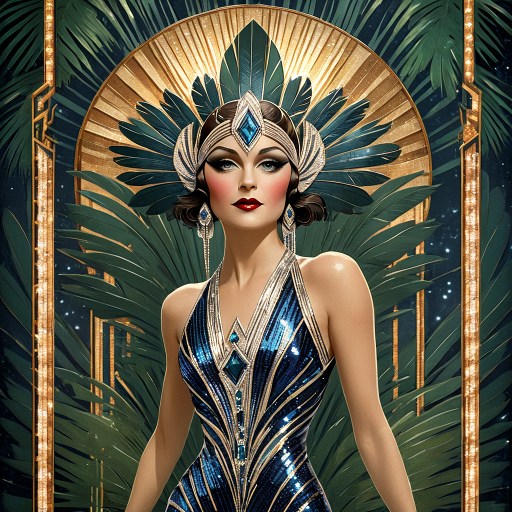 ArsMJStyle, Art Deco, <lora:add-detail-xl:1.2>,   <lora:Art_Deco:1>, A striking Art Deco-style portrait of a Movie Star, performing at the Folies Bergère in Paris, her sequined costume and feathered headdress rendered in bold, geometric shapes against a backdrop of stylized palm leaves and spotlights.