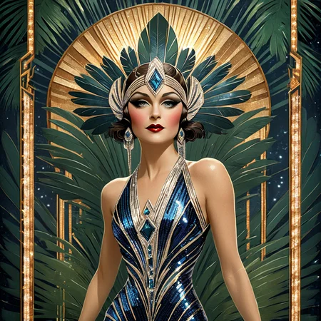 ArsMJStyle, Art Deco, <lora:add-detail-xl:1.2>, <lora:Art_Deco:1>, A striking Art Deco-style portrait of a Movie Star, performing at the Folies Bergère in Paris, her sequined costume and feathered headdress rendered in bold, geometric shapes against a backdrop of stylized palm leaves and spotlights.