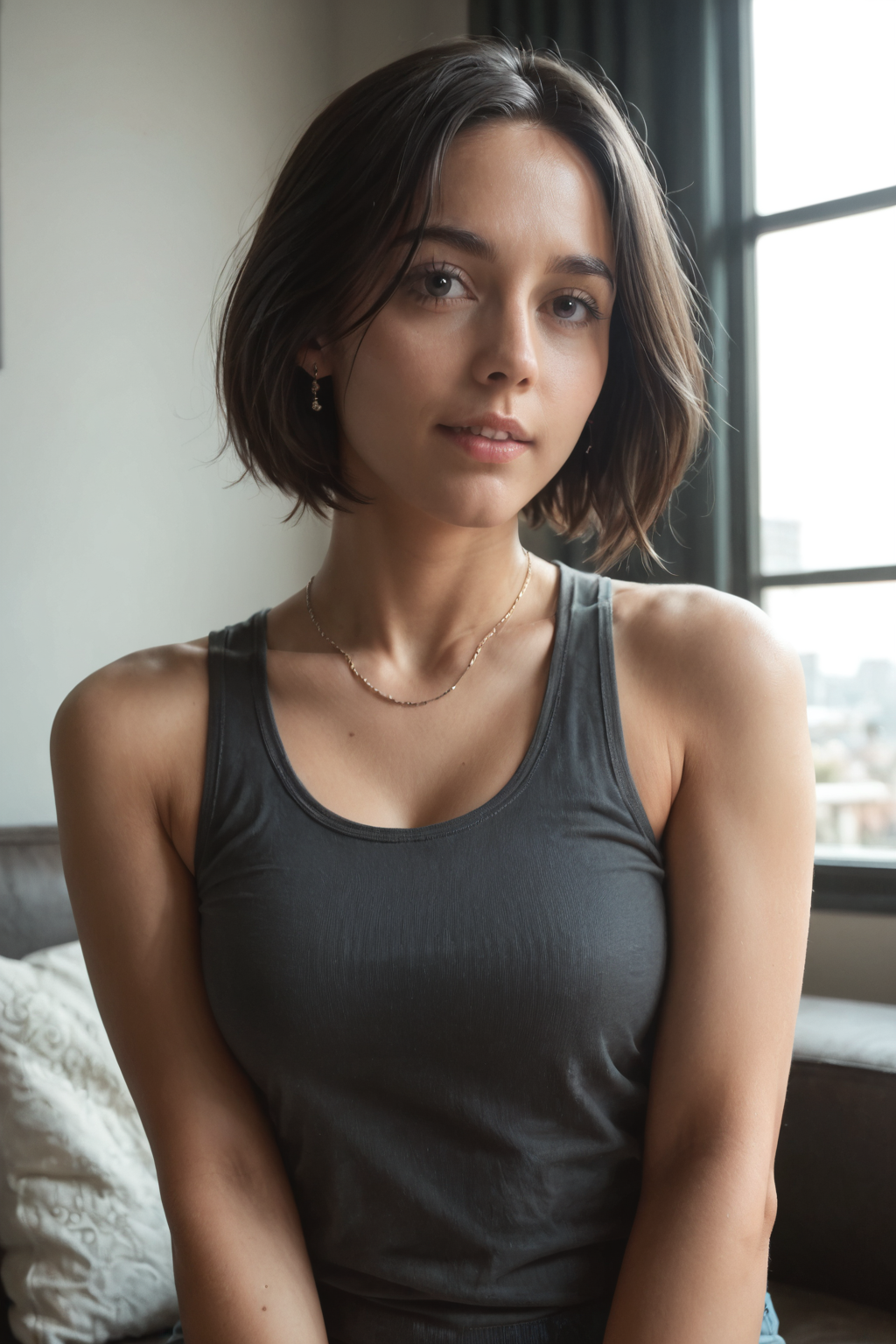 core_9, score_8_up, score_7_up, score_6_up, masterpiece, ultra quality, crystal clear, 8K UHD, photorealism, female, wearing a dark grey tank top, Modern bob hairstyle, <lora:Sin_Nombre_P:1>, Sin_Nombre