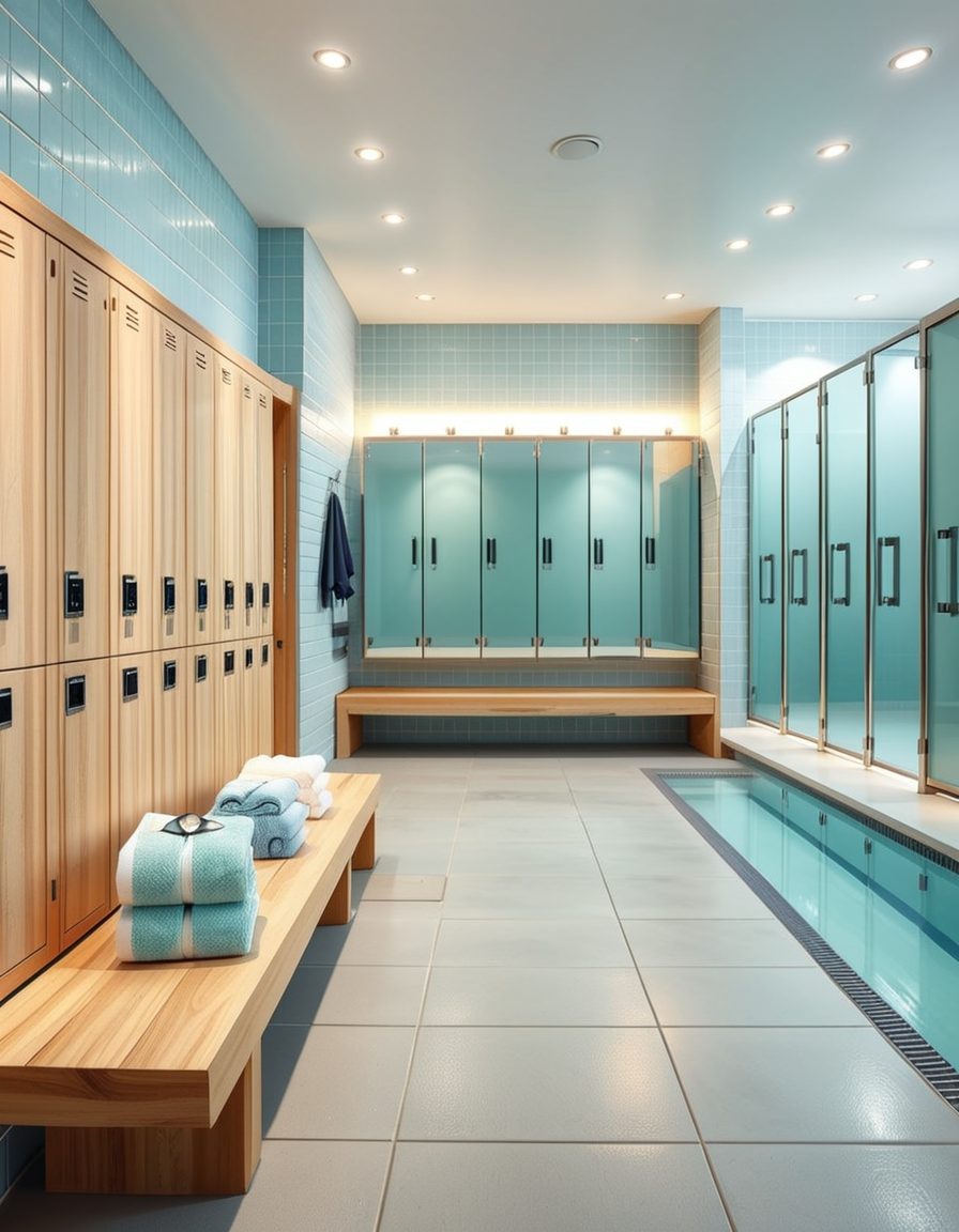 A realistic photograph of a modern swimming pool changing room, featuring clean, sleek design with white tiled walls and light blue accents. Rows of wooden benches with metal frames are neatly aligned in the center of the room. On the sides, there are individual lockers with glossy pastel-colored doors (light blue, mint green, and pale yellow), each with small number labels. Hooks are mounted on the walls, some holding neatly folded towels. The floor is made of non-slip gray tiles, slightly wet, reflecting the soft overhead LED lighting. The atmosphere is fresh and inviting, with a subtle fog from the pool area beyond a frosted glass door at the back. To the left side of the room, a large mirror spans the wall above a counter with built-in sinks, chrome faucets, and a few small bottles of hand soap. A subtle reflection of the interior is visible in the mirror. No people are present in the room. The lighting is bright but natural, as if itâs daytime with soft sunlight filtering through small high windows. The mood is calm, clean, and welcoming, captured with a high-resolution camera in photorealistic style. 
<lora:SDXLFaeTastic2400:0.4> <lora:extremely_detailed:0.4> extremely detailed,<lora:swimming_pool_ch4ng1ng_r00m:1>,swimming pool ch4ng1ng r00m, Masterpiece,best quality,hi res,8k,hi res,8k,award winning,(sharp focus, intricate, highly detailed),