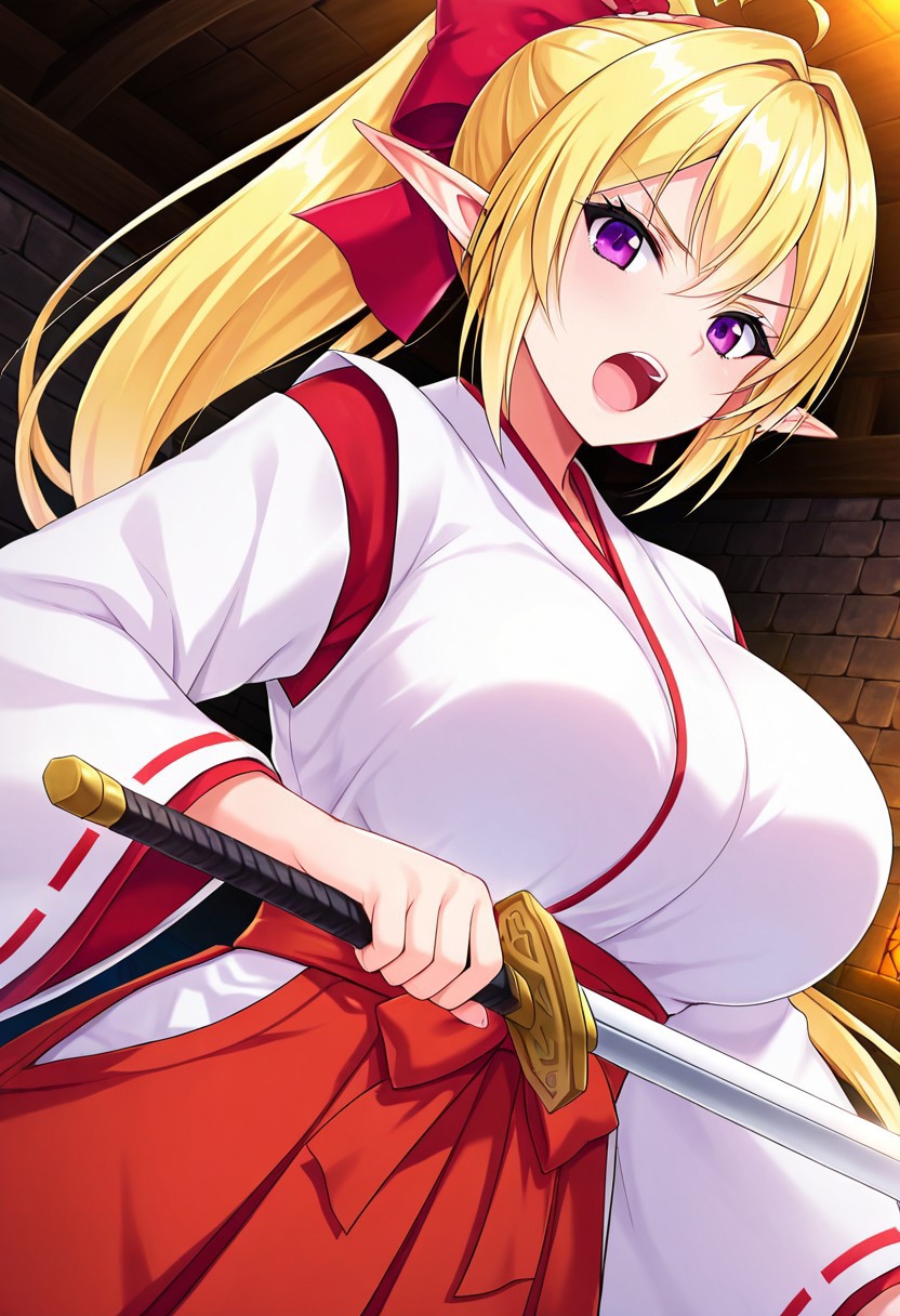 general,highres, ultra-detailed,very aesthetic,best quality ,best hands,best eyes,easynegative,
dynamic anglre, dutch angle, anime cloring,anime screencap,
1girl solo,looking at viewer,castle, indoors, holding sword, open mouth  fighting, 
Fine(elf ver),blonde_hair, ponytail, purple eyes, elf,huge_breasts,miko costume,