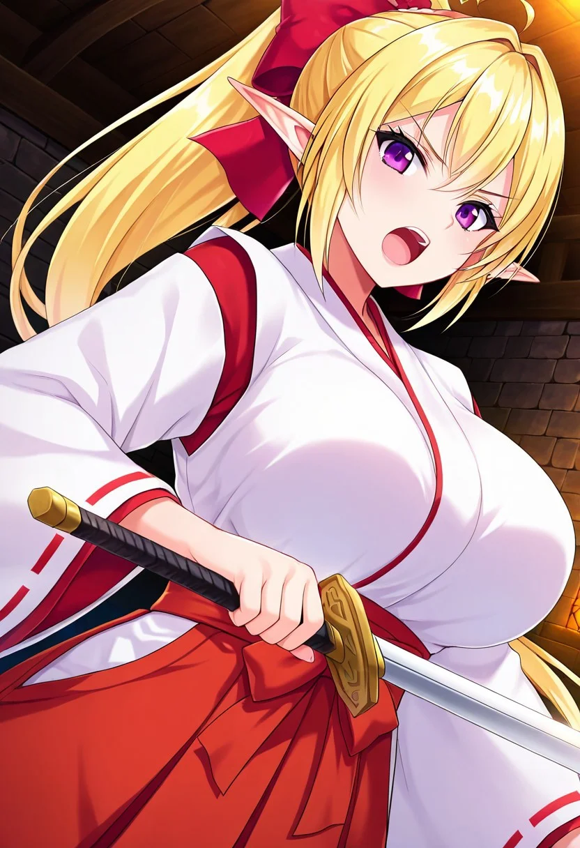 general,highres, ultra-detailed,very aesthetic,best quality ,best hands,best eyes,easynegative,
dynamic anglre, dutch angle, anime cloring,anime screencap,
1girl solo,looking at viewer,castle, indoors, holding sword, open mouth fighting,
Fine(elf ver),blonde_hair, ponytail, purple eyes, elf,huge_breasts,miko costume,