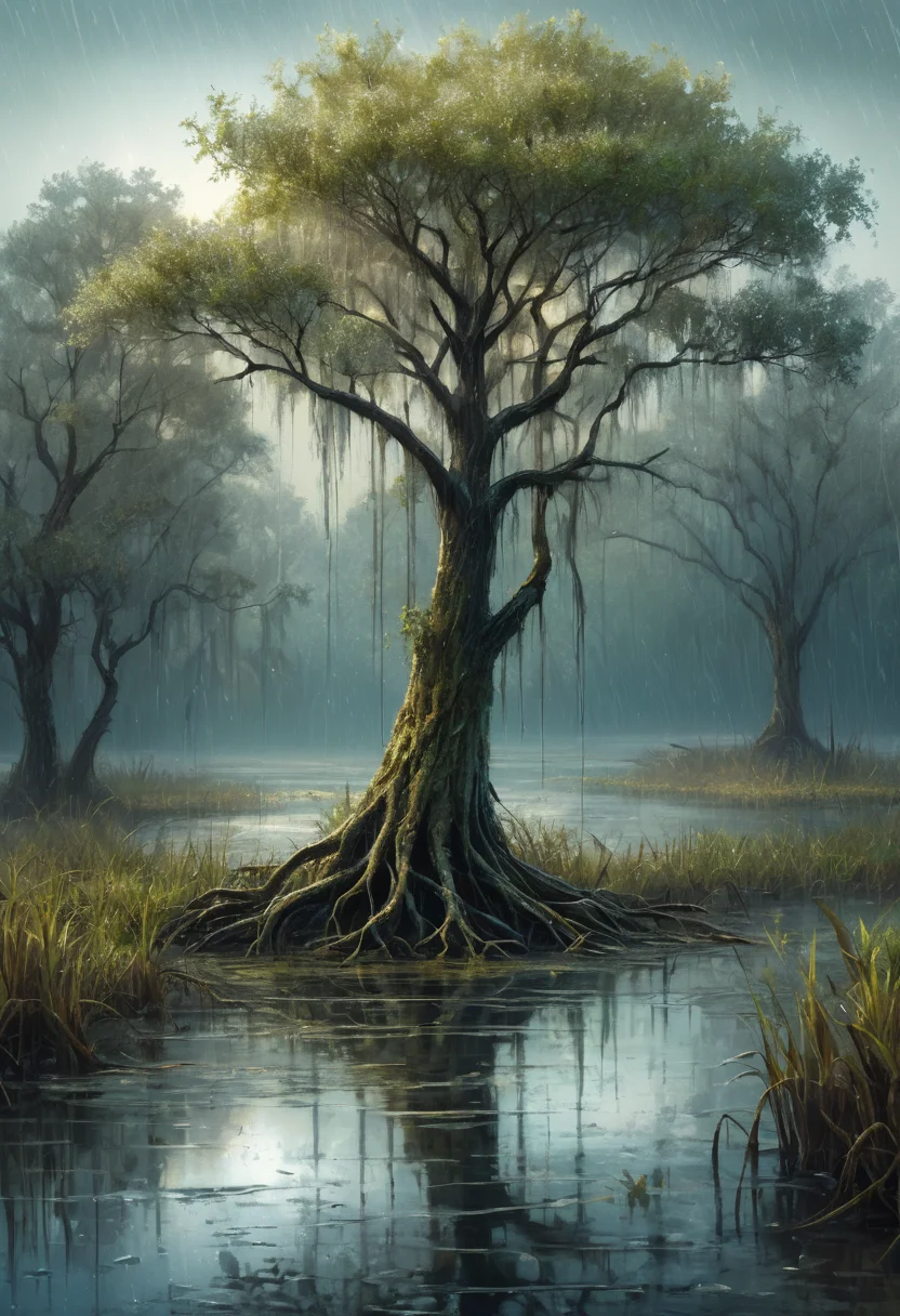 a tree in a swamp, a branch heavy with the weight of glistening raindrops, <lora:Artfully_TREES2-000003:0.6>, profound layers of complexity, with delicate textures, muted colors, sketched with loose strokes, enhanced with glowing highlights, accented with metallic sheen masterpiece, detailed, best quality, absurd resolution uhd, 8k,