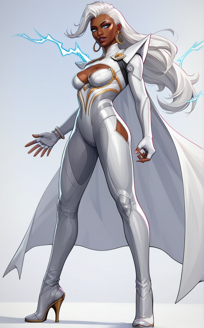 score_9, score_8_up, score_7_up, absurdres, <lora:PONYXL_STYLE_MarvelRivels_ownwaifu:1>, BREAK PONYXL_STYLE_MarvelRivels_ownwaifu, 1girl, long hair, medium breasts, fingerless gloves, jewelry, full body, white hair, earrings, high heel boots, dark skin, white cape, high heels, dark-skinned female, white bodysuit, looking at viewer, cleavage cutout, clothing cutout, electricity, white eyes, grey bodysuit, parted lips, artist name, grey background, asymmetrical hair<lora:add-detail-xl:0.15>,