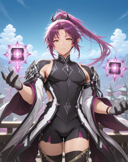 masterpiece, amazing quality, best quality, absurdres, very aesthetic,
1boy, solo, yaoi, male focus, cowboy shot, upper body, looking at viewer, face focus,
<lora:Veigas_FSI_ilxl:1> veigasfsi, black gloves, forehead mark, pointy ears, purple hair, high ponytail,yellow eyes, floating hair,
cube, black thighhighs, toeless legwear, black shorts, grey gloves, detached sleeves, wide sleeves, floating object,
outdoors, day, blue sky,