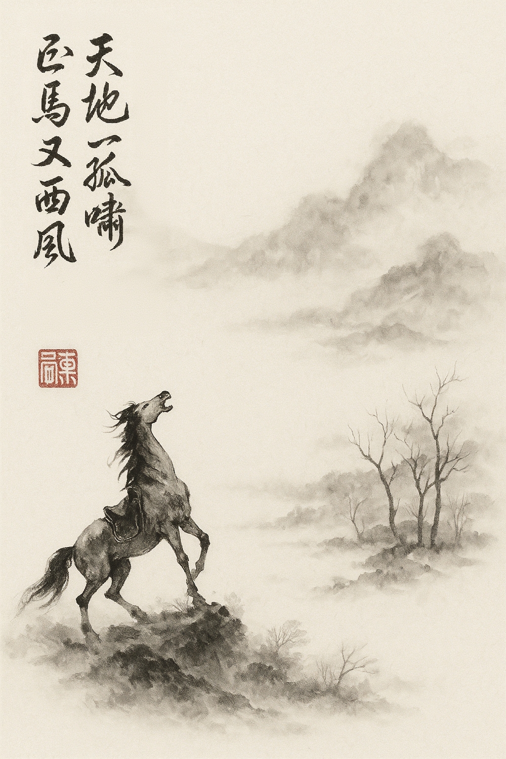 Prompt is based on the the last two lines of this Song dynasty poem, which I posted in the comment section. 

<translated poem> 
Under the vault of heaven I loose a lone, long cry—
one rider, turning his horse into the west wind again 
</translated poem>