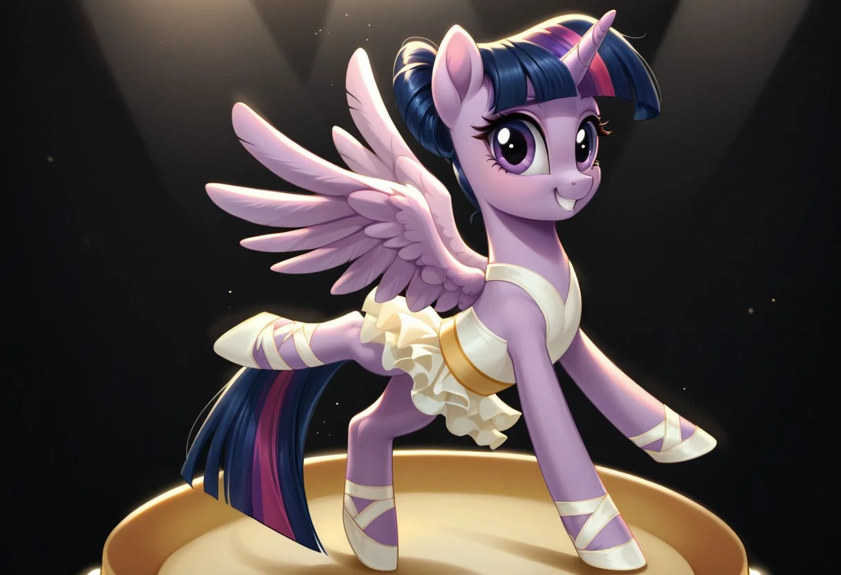 score_9, score_8_up, score_7_up, score_6_up, score_5_up, score_4_up, my little pony, ((feral pony)), 1girl, ((solo)), (sexy),beautifully detailed, (detailed cute pony face), ((a stage for ballet:1.5)), ((woman)), high angle, (cute smile:1.0), , full body <lora:Twilarina:1>Twilarina,white tutu yellow ribbons on the legs yellow pointe shoes
