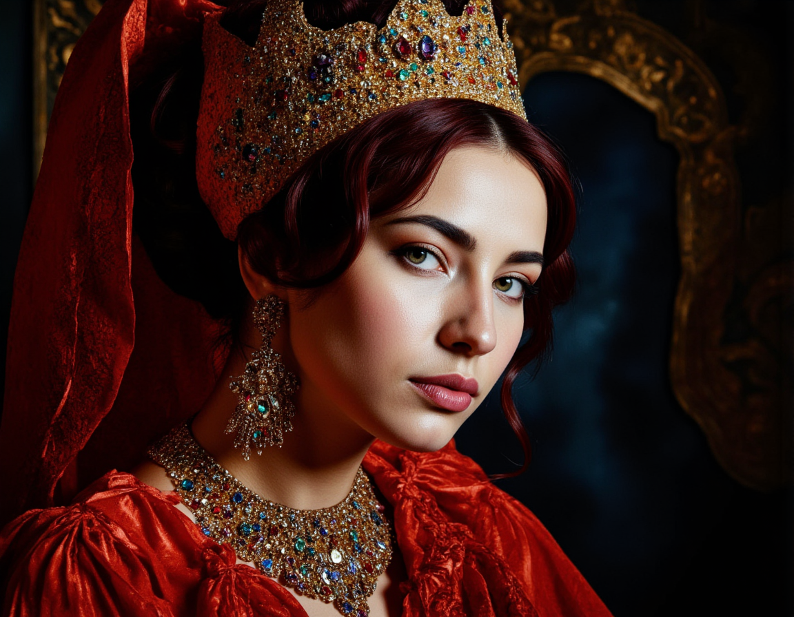  <lora:Staggering:0.85> staggering, A riot of colors in oil, baroque opulence, gilded textures, overflowing jeweled garments, dramatic chiaroscuro lighting, heavy velvet drapes, a figure adorned in a ruby-encrusted crown and sapphire silk robes, photorealistic rendering. . 35mm photograph, film, bokeh, professional, 4k, highly detailed