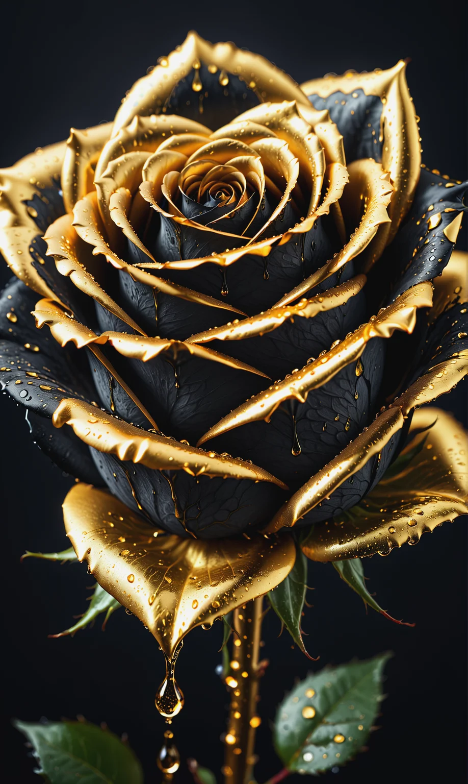 Professional Macro shot of perfect black rose, dripping golden water drops, dripping liquid gold, golden reflections// detailed digital hyper realistic intricate details, HDR, beautifully shot, hyperrealistic, sharp focus, 64 megapixels, perfect composition, high contrast, cinematic, atmospheric, moody<lora:xl_more_art-full_v1:0.3>