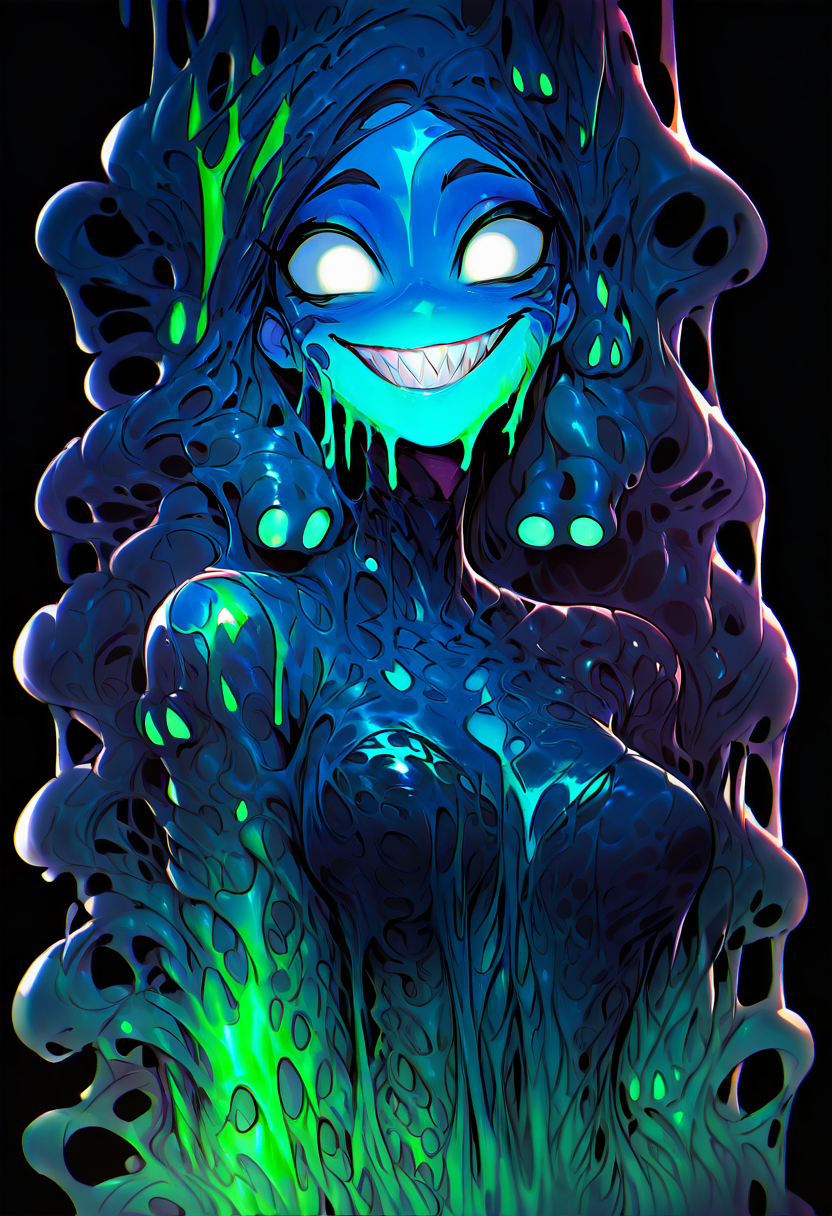 (masterpiece, best quality, good quality, very aesthetic, absurdres, newest:1.2),    1girl, solo, long hair, breasts, looking at viewer, smile, simple background, black hair, medium breasts, upper body, teeth, grin, colored skin, sharp teeth, monster girl, black background, tentacle hair, blue skin, white eyes, dripping, no pupils, slime (substance), slime girl  ,<lora:GlowingNightmare_NAI:1.0>,