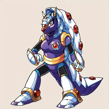 score_9, score_8_up, score_7_up, armored armadillo, mmx, purple + gold armor, armadillo, metallic, robot animal, shell, red nose, armadillo ears, genderswap, 1girl, female, solo, cute, breast, yistyle, watercolor, no blur, vector art