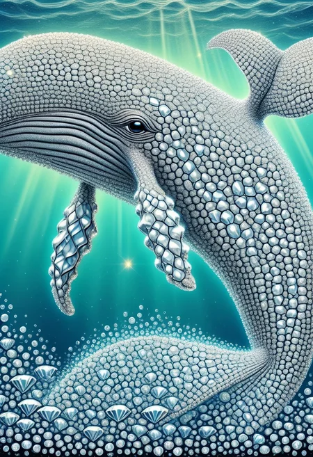 a whale made of diamonds, under the sea background, (coral, seaweed, bubbles) all made of diamonds, diamondMW, countless diamonds, best quality, (masterpiece:1.2), high quality, Highres, (hyper detailed), photorealistic, cute