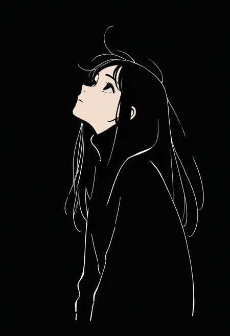masterpiece,
1girl, black background, flat color, looking up, black eyes, black hair, long hair, sweater
<lora:NoctFlatStyleIllustriousV0.6:1>