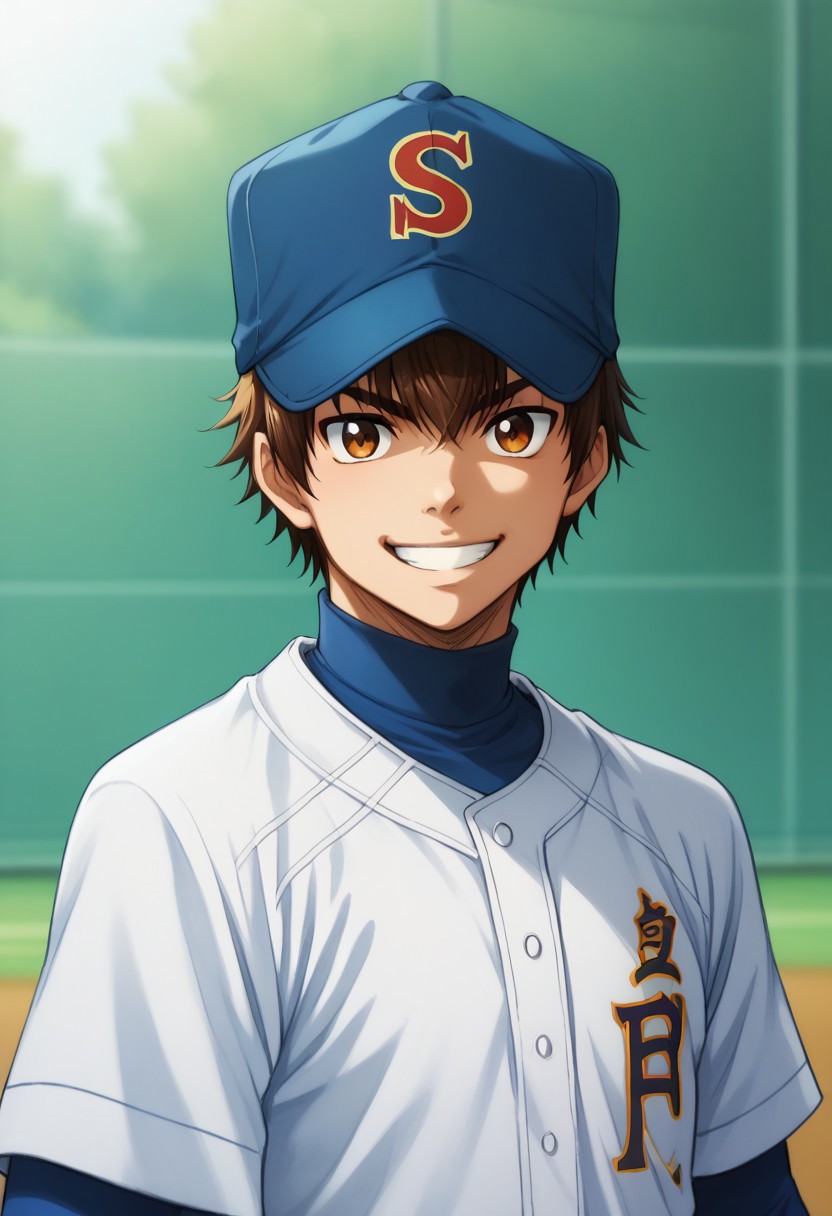 score_9, score_8_up, score_7_up, source_anime, highly detailed, 
eijun, 1boy, solo, male focus, brown hair, hat, baseball uniform, baseball cap, blue headwear, sportswear, brown eyes,  smile, upper body,