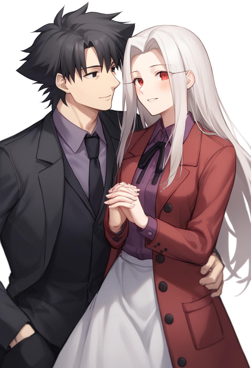 score_9,score_8_up,score_7_up,<lora:fate_zero_all:1>,1boy, 1girl, character: emiya_kiritsugu, character: irisviel_von_einzbern, style: sketch, simple_background, white_background, hand_up, hetero, holding_another's_arm, looking_at_another, looking_at_viewer, looking_to_the_side, blush, smile, parted_lips, black_eyes, red_eyes, black_hair, long_hair, very_long_hair, white_hair, hair_intakes, black_coat, black_jacket, coat, collared_shirt, grey_shirt, jacket, layered_clothes, open_clothes, open_coat, purple_shirt, red_jacket, red_shirt, shirt, skirt, trench_coat, white_skirt, black_necktie, black_ribbon, long_sleeves, neck_ribbon, necktie, ribbon, wing_collar, lowres, arm_hug, couple, hand_in_pocket, hand_on_another's_arm, husband_and_wife, locked_arms, side-by-side, commentary_request