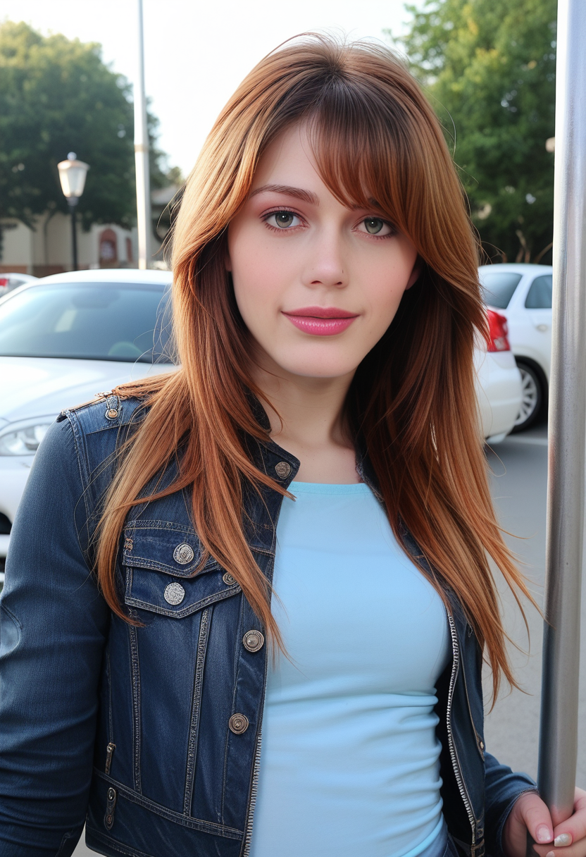 score_9, score_8_up, score_7_up, CarlaC4rd1ll3, Carla Cardille, <lora:CarlaC4rd1ll3-pony:1>, ((bangs)), auburn hair, solo, 1girl, jacket, denim, realistic, motor vehicle, pole, looking at viewer, bokeh, focus, film, ektachrome, artistic, best quality, photograph, focus, face focused, analog, photography, warm, detailed, movie still,