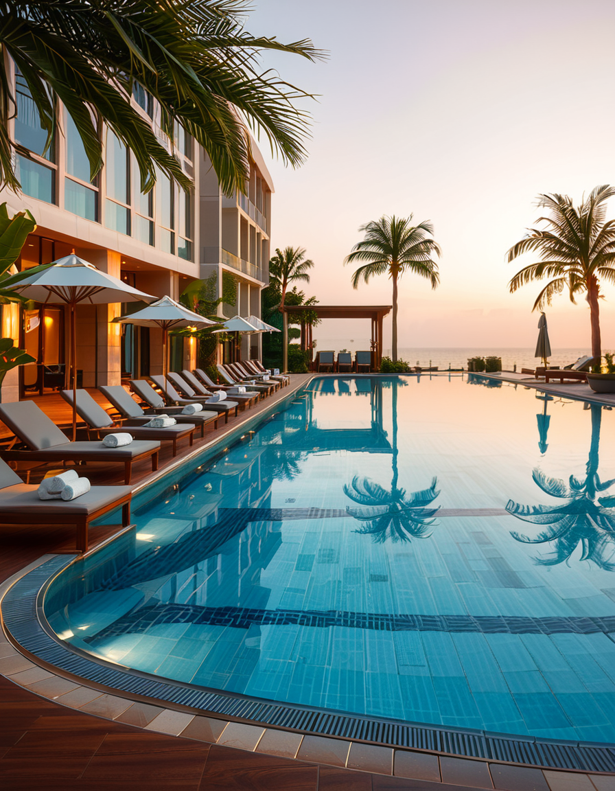 A luxurious hotel swimming pool at sunset, surrounded by elegant lounge chairs and palm trees. The crystal-clear water reflects the warm hues of the sky, creating a serene and inviting atmosphere. The pool has an infinity edge overlooking a breathtaking ocean view, with soft ambient lighting enhancing the tranquil mood. The surrounding area is immaculately maintained, with neatly arranged sunbeds, stylish umbrellas, and a sleek modern poolside bar in the background. The scene is captured in ultra-high resolution, with photorealistic details emphasizing the shimmering water, the textures of the pool tiles, and the gentle movement of palm leaves in the evening breeze.
<lora:SDXLFaeTastic2400:0.4> <lora:extremely_detailed:0.4> extremely detailed, <lora:hotel_sw1mm1ng_p00l:1>,hotel sw1mm1ng p00l, Masterpiece,best quality,hi res,8k,hi res,8k,award winning,(sharp focus, intricate, highly detailed),