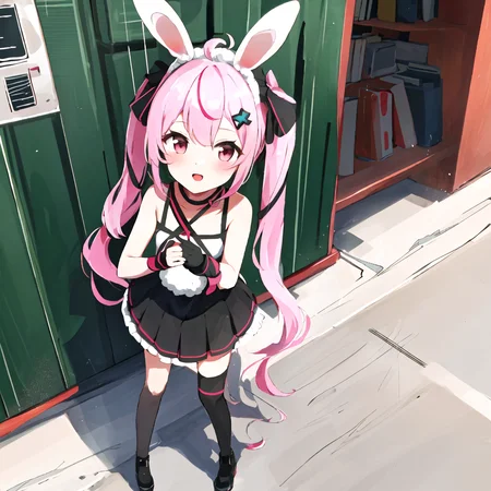 tomarimari,solo,1girl,<lora:tomarimari:0.8>,twin tail,ruffled skirt,rabbit ears,mini skrt