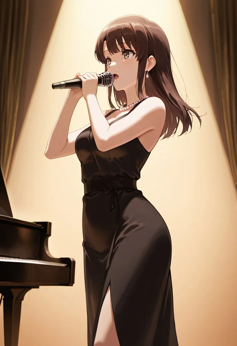 masterpiece, best quality, 1girl,Megumi <lora:IL-KatoMegumi:0.8>,brown hair,katou megumi,brown eyes,medium breasts, long hair, medium breasts, sleek black cocktail dress, pearl necklace, vintage microphone, jazz club stage background, grand piano, brass instruments, art deco details, spotlight effect, smoky atmosphere, singing pose, glamorous expression, stage lighting, dark moody ambiance, velvet curtains, intimate venue setting, dramatic shadows, low-key lighting, slightly tilted camera angle