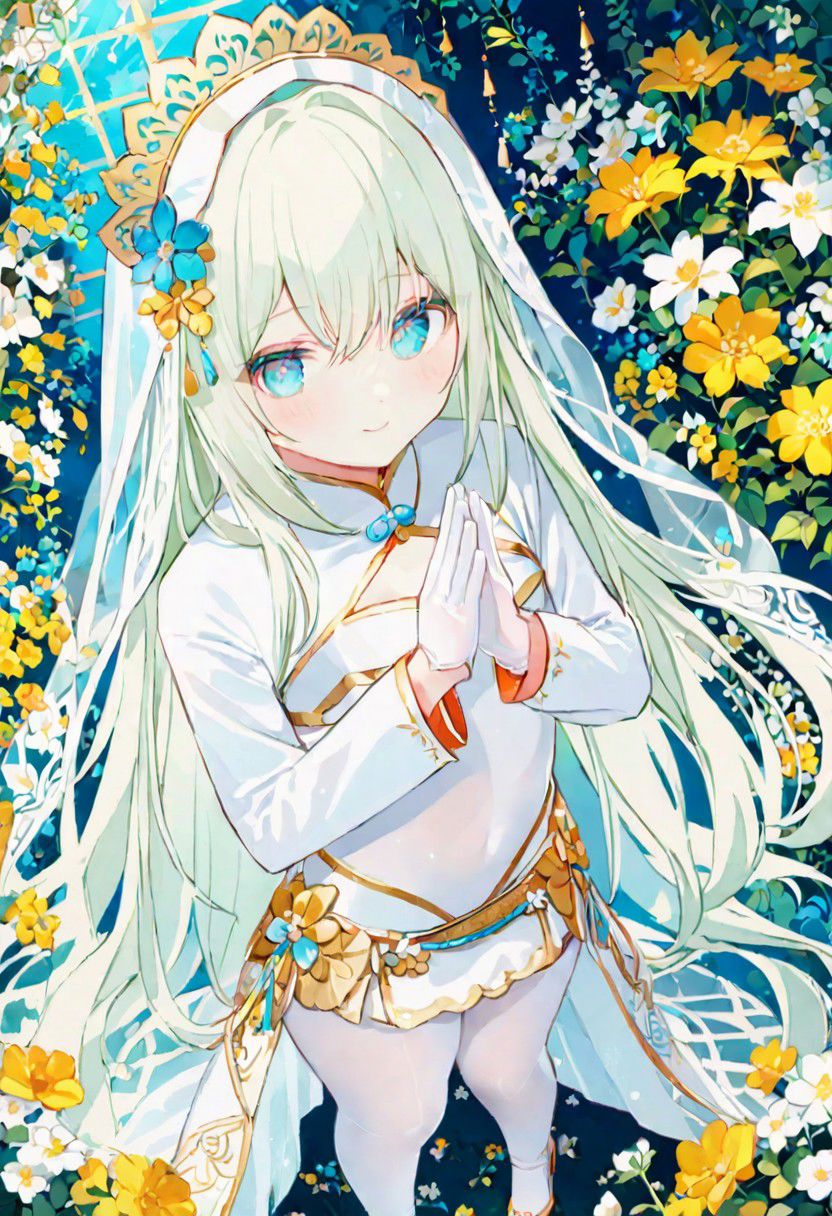 Best quality, masterpiece, fantasy flower garden, view from above, one petit priestess girl with flat chest, shining hands bound in prayer, standing upright, detailed light green long loose hair, priestess' veil, cute smooth face, gentle smile, detailed light blue eyes, detailed make up, jewelry, pure white clothes, shawl, white turtleneck leotard with long sleeves and gloves, slim waist, slim belly, thick clavicle, micro skirt, thick hips, thick thighs, white tights, heels