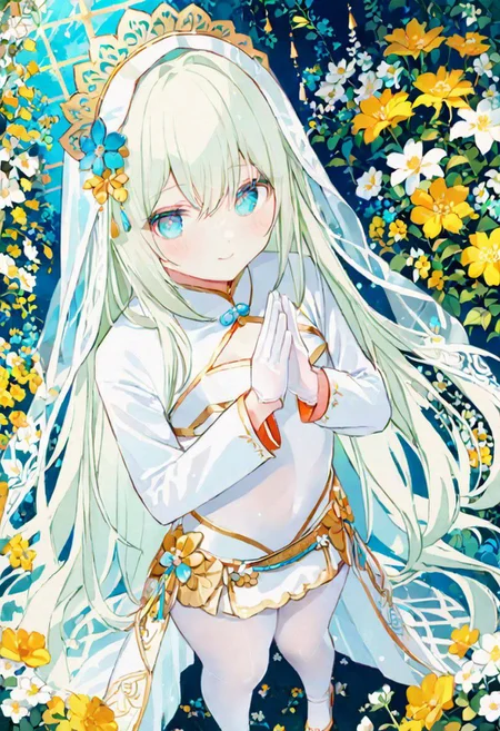 Best quality, masterpiece, fantasy flower garden, view from above, one petit priestess girl with flat chest, shining hands bound in prayer, standing upright, detailed light green long loose hair, priestess' veil, cute smooth face, gentle smile, detailed light blue eyes, detailed make up, jewelry, pure white clothes, shawl, white turtleneck leotard with long sleeves and gloves, slim waist, slim belly, thick clavicle, micro skirt, thick hips, thick thighs, white tights, heels