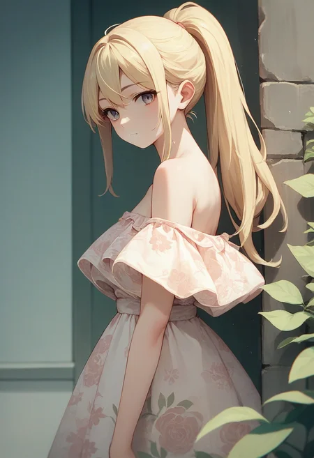score_9, score_8_up, score_7_up, score_6_up, source_anime, 1girl, long hair, blonde hair, ponytail,
off shoulder, floral dress, from side, looking at viewer,
<lora:floral_offshoulder_dress_v1.1-pony:1>