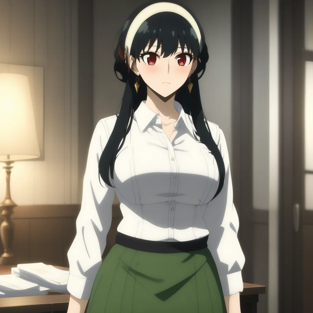 masterpiece, best quality, highres, 4k, 8k, intricate detail, cinematic lighting, amazing quality, amazing shading, soft lighting, Detailed Illustration, anime style, yorbriar, yor briar, black hair, red eyes, earrings, white hairband, hairband, long hair, sidelocks, skirt, shirt, long sleeves, white shirt, earrings, collared shirt, vest, green skirt, pencil skirt, office lady, green vest, indoors, office, looking at viewer, full body, dynamic pose,