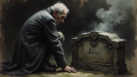 A somber/ photorealistic image portrays an elderly man in despair/ kneeling down beside the weathered headstone that bears his beloved wife's name: Alice. Her lovingly crafted inscription proclaims her as a cherished soul/ with delicate touches of whimsy through the word "Cherrists". The old man's face is etched with sorrow and grief/ as tears stream down his cheeks in poignant anguish. His worn features reveal deep lines and wrinkles/ conveying a life spent loving and losing Alice. A faint mist rises from the grave/ subtly hinting at the passage of time and the weight of loss that settles upon him. The soft focus on facial expressions allows for an empathetic connection with this broken man/ emphasizing his raw emotion as he mourns the irreparable loss of his cherished companion.