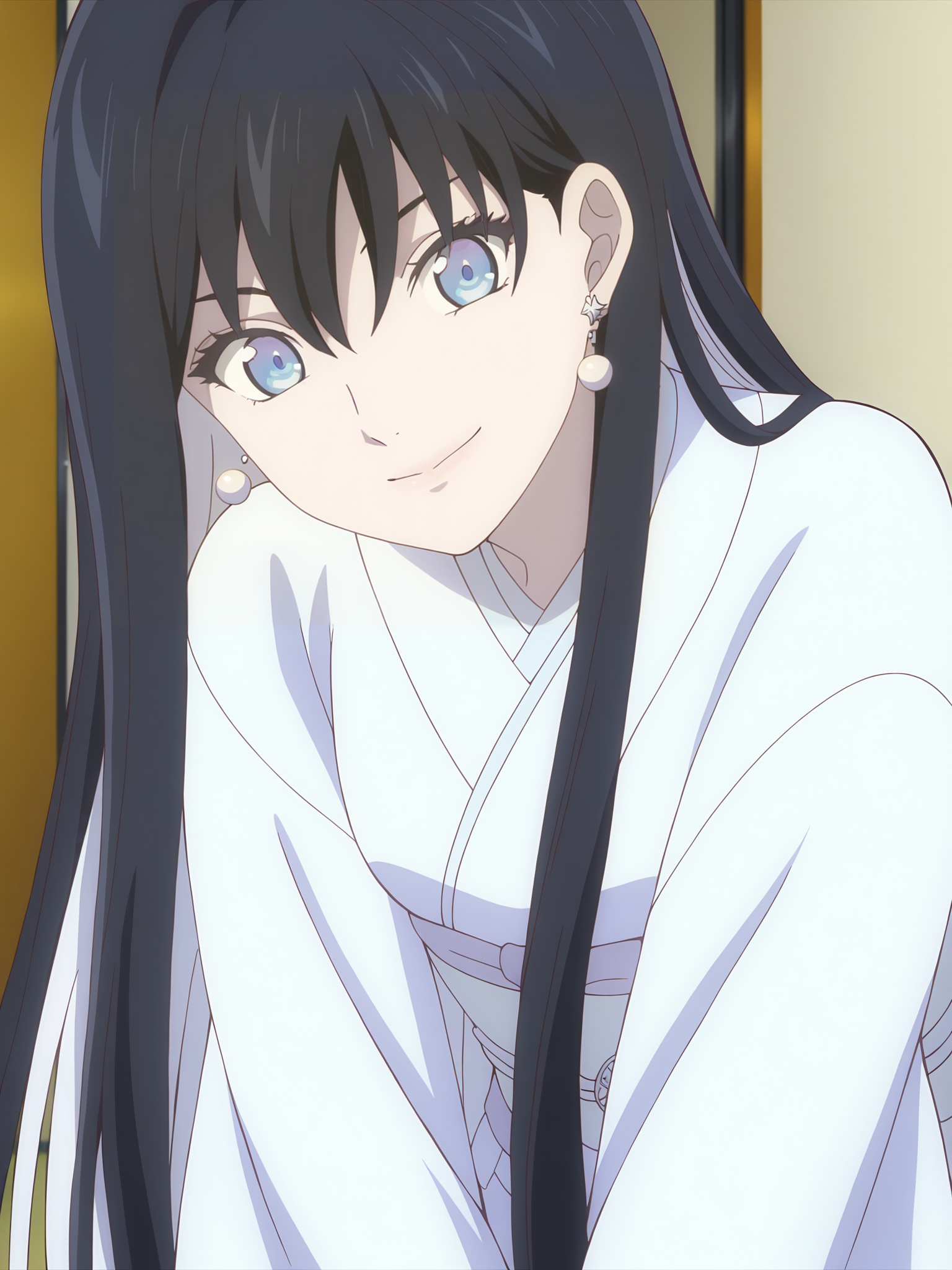 <lora:Yuki-Onna:0.8>yuki_onna, 1girl, solo, black and white long hair, blue eyes, white earrings, long white kimono, smile, closed mouth, satisfied, content, leaning forward, head tilt, indoors, yokai aura