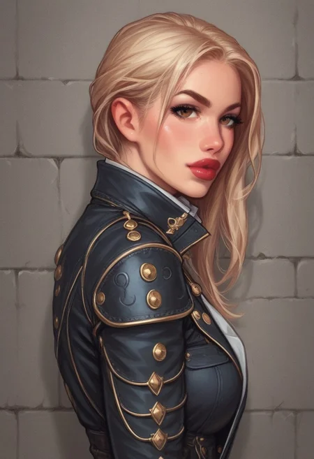 from front, (((side view))), 1girl, illustration, comic style, looking at viewer, highly detailed, (((long bob)))
(((side view)))
In a gritty, noir-inspired urban setting bathed in the harsh glow of neon lights, K4TH3R1N3, a striking woman with platinum blonde hair cascading down her back, stands against the cold brick wall of an abandoned warehouse. Her piercing brown eyes are parted, revealing a hint of red lipstick-stained lips as she gazes directly at the viewer, challenging and intriguing in equal measure. The camera angle is low, casting her figure in sharp relief, with the dramatic shadows emphasizing the high collar of her unique outfit: a tailored trench coat made from a shimmering material that catches the light, adorned with intricate, steampunk-inspired metal accents. ((dynamic pose))
((full-clothed)),
BREAK
dynamic pose <lora:Cherry-Gig:0.55> ((((full-clothed)))),
BREAK
((dark room background))) score_9, score_8_up, score_7_up, score_6_up, source_cartoon, rating_explicit, Expressiveh, (((((upper body))))), dynamic pose