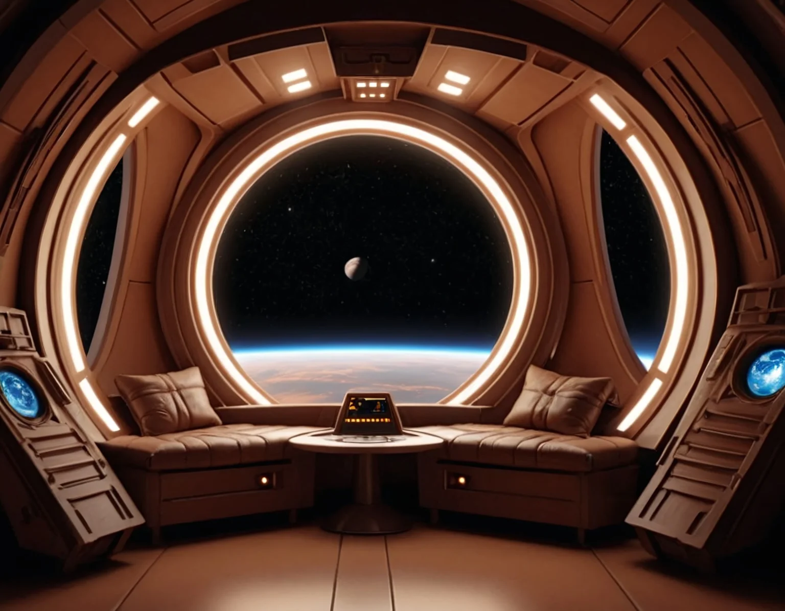 frelling, frelling interior, interior spaceship with a large window showing outer space, scenery, science fiction, warm lighting, a welcoming and friendly atmosphere, <lora:Frelling_Interior:1.0>