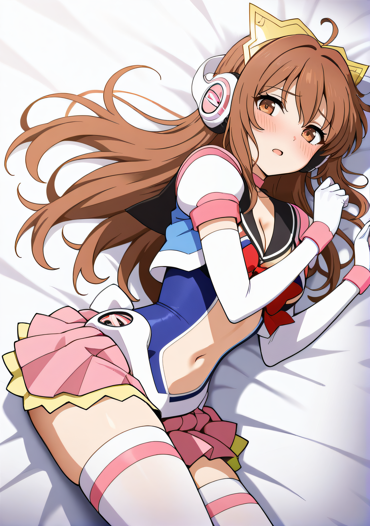 masterpiece, best quality, highres, newest, 1girl, solo, official style, <lora:Symphonic_Lily:1>, lily, brown hair, brown eyes, yellow headdress, white headphones, pink choker, cleavage, black sailor collar, red_chest_ribbon, navel, blue body suit, elbow gloves, pleated pink skirt, yellow frills, white thighhighs, looking at viewer, blush, open mouth, lying on bed, bed sheet, looking away