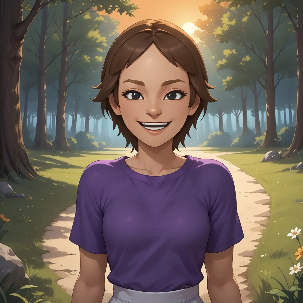 score_9, score_8, BREAK, solo, wii, mii, wii fit, 1girl, female mii, brown hair, dark blonde eyebrows, black eyes, half circle nose, open mouth, teeth, purple clothing, white pants, barefoot, cute, Maeda_(\Wii_Fit\), small breasts, Nintendo Mii, modern_mii, classic_mii, sexy pose, self portrait, smile, outdoors, sunlight, shadows, evening lighting, natural lighting, forest, trees, grass, orange sky, sunset