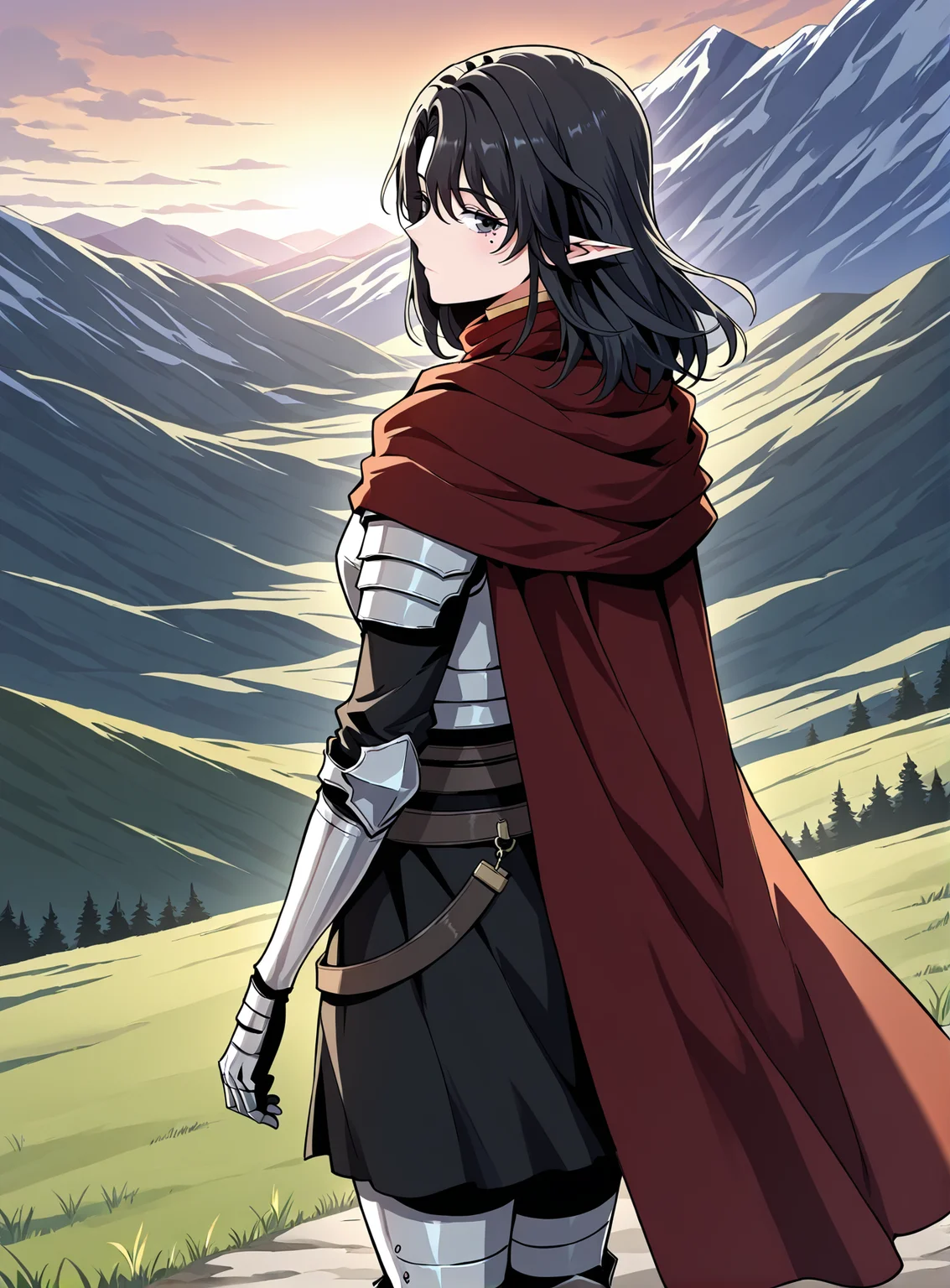 <lora:Aya_Grephin__The_Beginning_After_the_End__Illustrious:1>
1 girl, solo, female elf, medium length black hair, pointed ears, mole under left eye, black eyes,
dark red cape, red scarf, golden crest, white chest armor, silver gauntlets, armored gloves, black undershirt, dark skirt armor, waist belts, thigh armor, armored boots, cloak fluttering, fantasy knight outfit, fantasy style
score_9, score_8_up, score_7_up, source anime, BREAK, cowboy shot, (from side), looking back, looking at viewer, overlooking mountain, high altitude, scenery, exterior, background