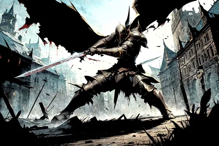 (masterpiece, best quality, mature, ultra detailed:1.1) a black knight fighting a white knight, large swords, plate armor, bleeding, injured, destroyed village, fantasy, detailed background <lora:add_detail:1.2>