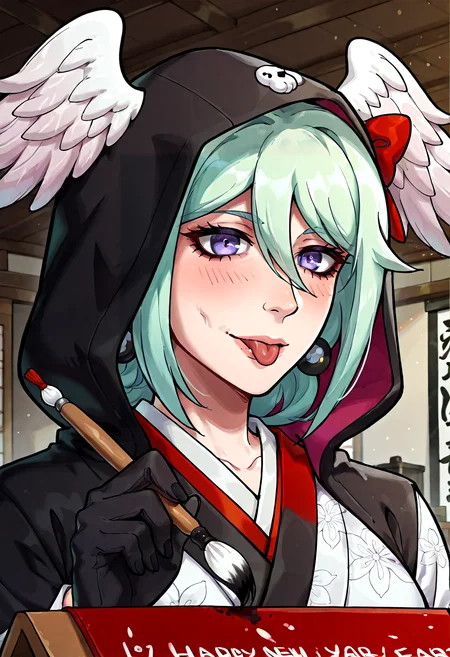 IllustriousQual, <lora:StS-Illustrious-Detail-Slider-v1.0:2> <lora:cfg_scale_boost:0.3> <lora:StS_Age_Slider_Illustrious_v1:3>,detailed_background,indoors,smile,hair between eyes,hood up,thorn print,solo,white kimono,medium hair,sunday \(honkai: star rail\),1boy,calligraphy brush,highres,portrait,closed mouth,2025,hood,red bow,danganronpa: trigger happy havoc,tongue out,hair ornament,happy new year,danganronpa \(series\),paintbrush,hy \(fjvlg\),holding calligraphy brush,black gloves,feathered wings,enoshima junko,honkai \(series\),bird,black kimono,white wings,new year,hand up,head wings,nail polish,japanese clothes