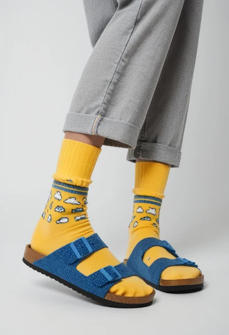 (photograph of woman's feet wearing socks and sandals and leggings), 1girl, solo, dynamic_pose, simple_background, white_background, scksnsndls, patterned blue and yellow socks, lower_body, footwear_focus, ankles, calves, birksonsocks, birkenstock