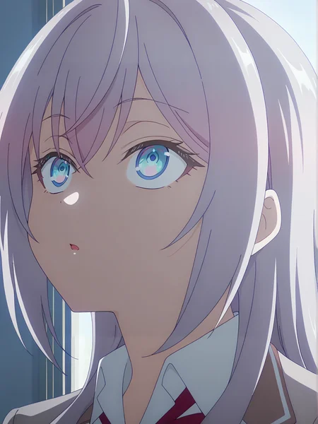 <lora:Alya_v2:0.9>, alya, 1girl, solo, blue eyes, long silver hair, ahoge, red hair bow, school uniform, beige blazer, white collared shirt, red necktie, pensive, confused, open mouth, parted lips, looking up, portrait, indoors, window, backlighting