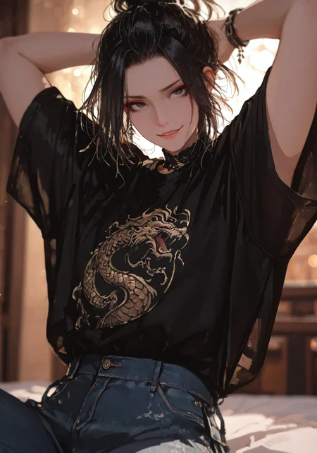 masterpiece, best quality, good quality, very aesthetic, absurdres,
newest, 8K, depth of field, focused subject,visual storytelling,dynamic composition,
close up, stylized, scenery, bokeh,blurred background,
Black Myth Wukong, male sun wukong,
chinese mythology,( dynamic pose:1.3), smirking face,
upper body focus,
casual clothes, wearing luxurious jeans and luxurious black t-shirt with gothic design, expensive black watch
windblown hair,
cinematic composition, backlighting, volumetric light, god-tier illustration,(sketch:1.3), laying on a bed, hands behind head, bedroom