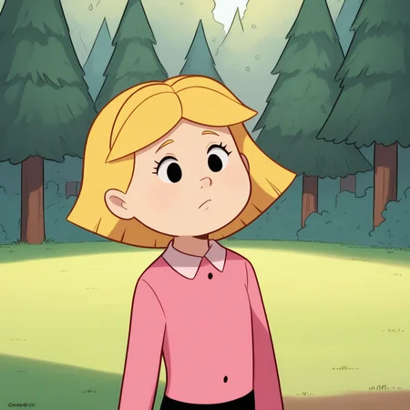 score_9_up, score_8_up, BREAK, EmilyElizabeth, 1girl, solo, blonde hair, short hair, black eyes, pink shirt, long sleeves, upper body, <lora:EmilyElizabethHoward_Clifford_PXL_Leaf1-000010:1>, forest,