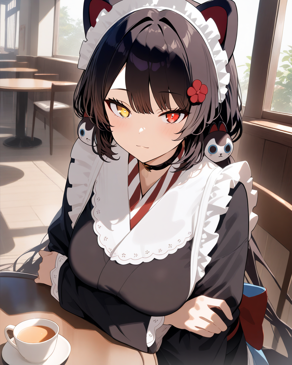 1girl, InuiTokoNijisanji, 
safe, solo, breast focus,
looking at viewer,
arms under breasts,
maid headdress,
yellow eyes, red eyes,
low twintails, hair ornament,
hair flower,
black kimono, large breasts,
long sleeves, maid apron,
obi, red bow,
sitting,
indoors, caffe, table,
<lora:kp_InuiTokoNijisanjiAnimagineXL_v1_1:1.0>,
masterpiece, high score, great score, absurdres