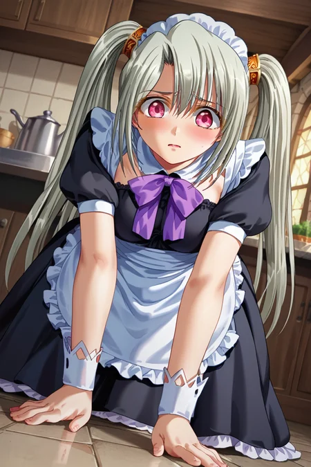 score 9, score 8 up, score 7 up, source anime,1girl,solo focus, <lora:Liese_Luvens:1>HimeLiese
MAILIESE,golden hairpin,gray hair,long hair,twintails,ruby eyes,parted bangs,maid dress,pruple ribbon,short sleeves,silk goves,apron,embarassed,blushing,on all fours,walking,hand on ground,maid dress,indoor,medieval kitchen,castle