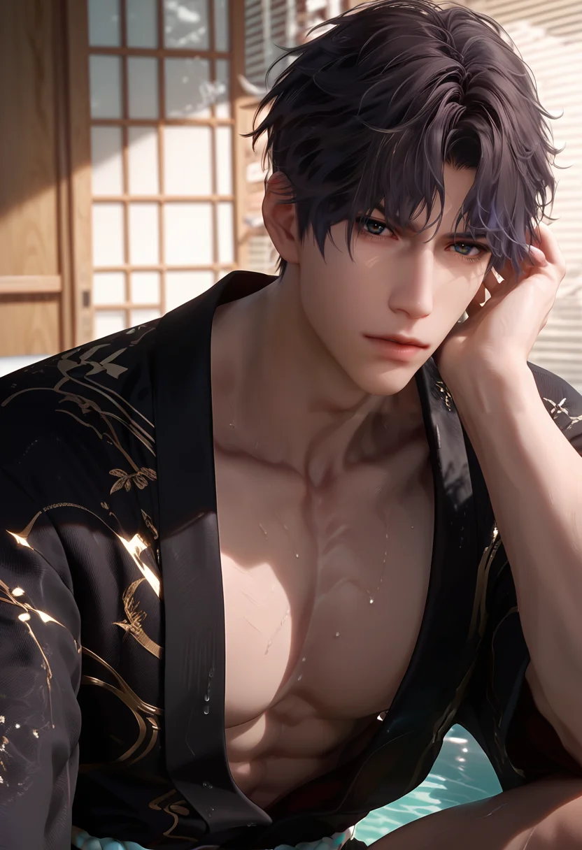 score_9,score_8_up,score_7_up,1boy,solo,yaoi,bara,male focus,fairly nsfw,uncersored,highres,best quality,amazing quality,best aesthetic,absurdres,<lora:add-detail-xl:1>,<lora:Rafayel:0.5>,rafayel,bangs,lips,<lora:Expressive_H:1>,Expressiveh,japanese clothes,looking at viewer,black robe,bathroom, drying hair,