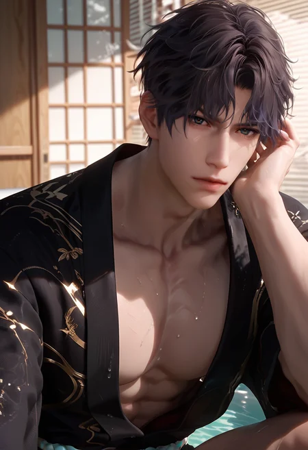 score_9,score_8_up,score_7_up,1boy,solo,yaoi,bara,male focus,fairly nsfw,uncersored,highres,best quality,amazing quality,best aesthetic,absurdres,<lora:add-detail-xl:1>,<lora:Rafayel:0.5>,rafayel,bangs,lips,<lora:Expressive_H:1>,Expressiveh,japanese clothes,looking at viewer,black robe,bathroom, drying hair,