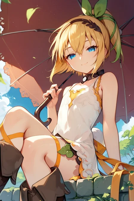 score_9, score_8_up, score_7_up, very aesthetic, source_anime, detailed, high quality, beautiful, masterpiece,
<lora:lightXL:0.8>
indoor, blurry background,
cowboy shot, close up, first person view, from below
flat chest, naughty smile, feet focused, sitting, half eyes closed,
<lora:edna_v05:1>
edna \(tales\), short hair, blonde hair, multicolored hair, orange hair, high ponytail, blue eyes, hair between eyes, white dress, sleeveless dress, boots, leg ribbon, brown hairband, green hair ribbon, umbrella, feet,, zPDXL