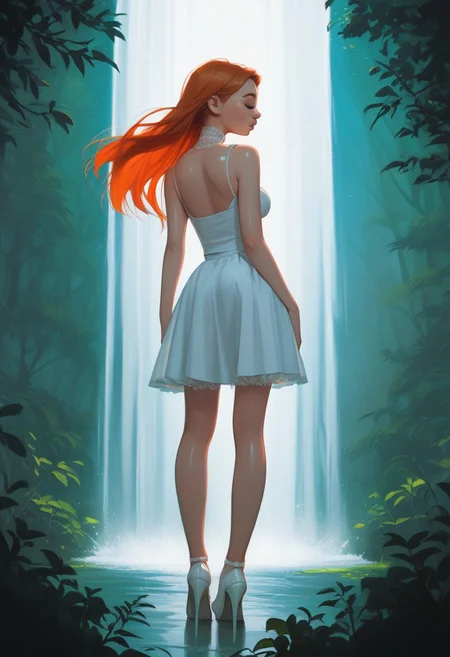 score_9, score_8_up, score_7_up, score_6_up, 1girl, petite, 18yo, adult face, oval face, skinny, perky nose, ginger, long hair, large breast, seductive, hips, spotlight, night, forest, waterfall <lora:mb_styles_SOFT:0.8>, lace collar, shiny skin, shiny lips, (white, white, low waist, latex skirt), white high heels, back view, dynamic wind blowing hair and skirt, eyes closed,
