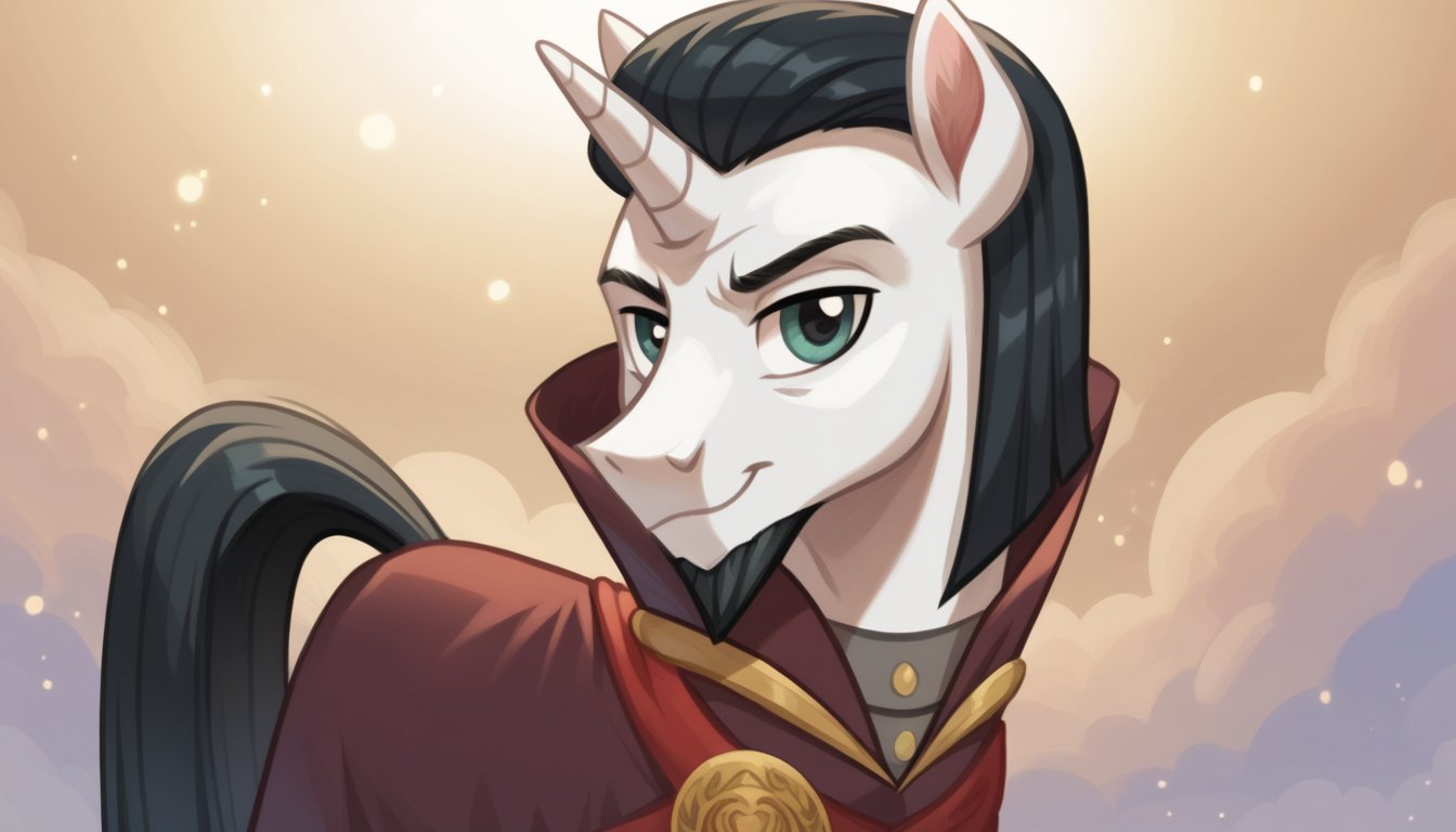 score_9, score_8_up, score_7_up, score_6_up, score_5_up, score_4_up, my little pony, <lora:Chancellor neighsay:1>chancellor neighsay, pony , unicorn, solo white body, black hair, ( boy:1.5),beautiful, detailed, (detailed cute pony face), detailed eyes, detailed fur, detailed hooves, beautiful, vector, flat colors, (beautiful long eyelashes), (beautiful hooves), (abstract background:1.8), (looking at you, looking at viewer:1.5), smile, happy, close-up, upper view <lora:OtherStyle_01:1> <lora:detailed_notrigger:1>