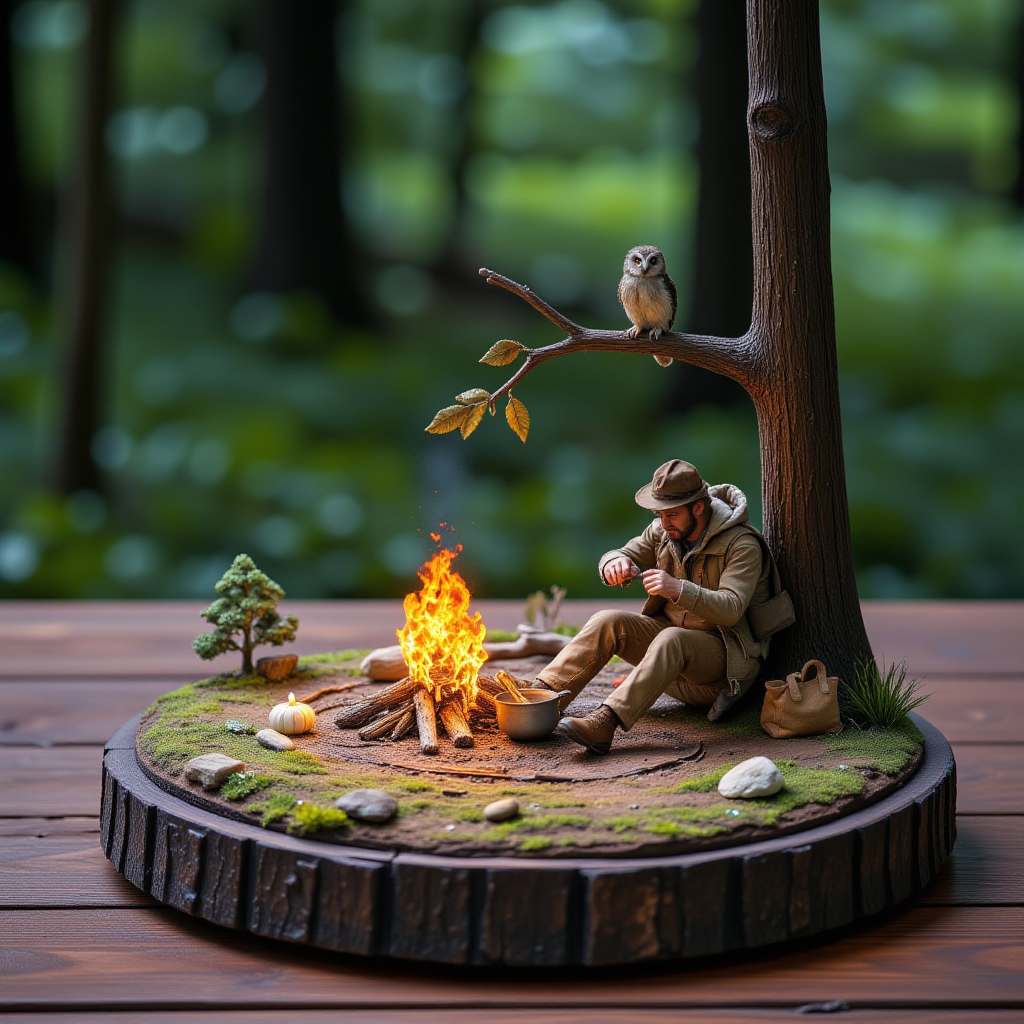 A miniature diorama of a traveler cooking over a campfire in the woods at night. His dog sits beside him and his new friend, an owl, sits on a nearby tree branch. A magical night. <lora:Flux.1_Turbo_Detailer:0.7>, <lora:Diorama_Flux:0.8>