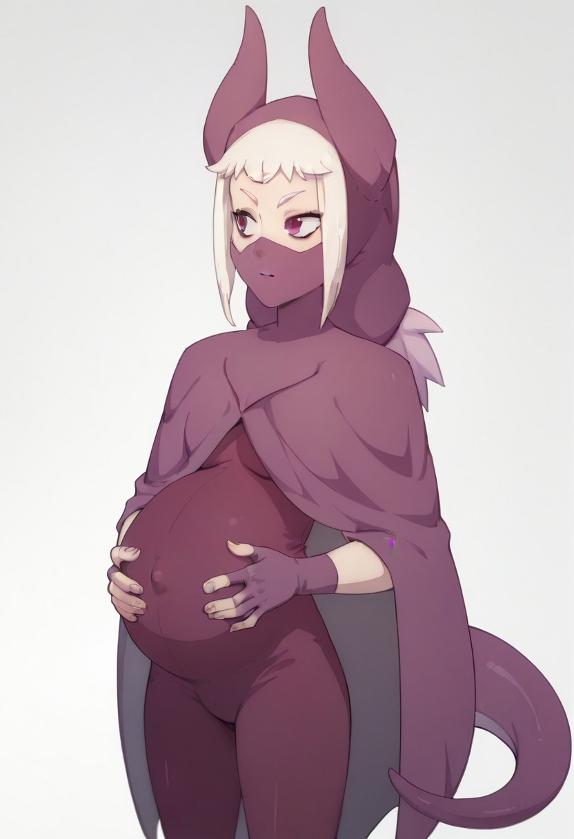 score_9, score_8_up, score_7_up,  Dualtail, mask, 1girl, solo, pregnant, norawakfu, white hair, purple eyes, hood, horns, hood, horns, cloak, fingerless elbow gloves, bodysuit, cape, standing, holding belly, covered belly, covered navel, white background,