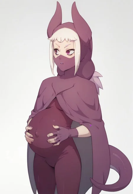 score_9, score_8_up, score_7_up, Dualtail, mask, 1girl, solo, pregnant, norawakfu, white hair, purple eyes, hood, horns, hood, horns, cloak, fingerless elbow gloves, bodysuit, cape, standing, holding belly, covered belly, covered navel, white background,